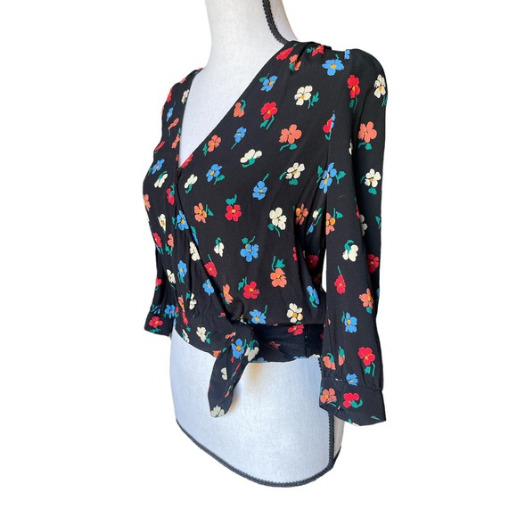 Madewell Black Colorful Floral Wrap Top in Pressed Flowers Size XXS 3/4 Sleeve - Picture 2 of 7